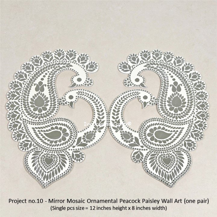 Project no.10 - Mirror Mosaic Ornamental Peacock Paisley Wall Art (one pair) (Single pcs size = 12 inches height x 8 inches width) Project no.10 - Mirror Mosaic Ornamental Peacock Paisley Wall Art (one pair) (Single pcs size = 12 inches height x 8 inches width)