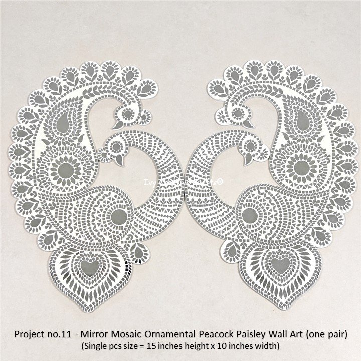 Project no.11 - Mirror Mosaic Ornamental Peacock Paisley Wall Art (one pair) (Single pcs size = 15 inches height x 10 inches width) Project no.11 - Mirror Mosaic Ornamental Peacock Paisley Wall Art (one pair) (Single pcs size = 15 inches height x 10 inches width)